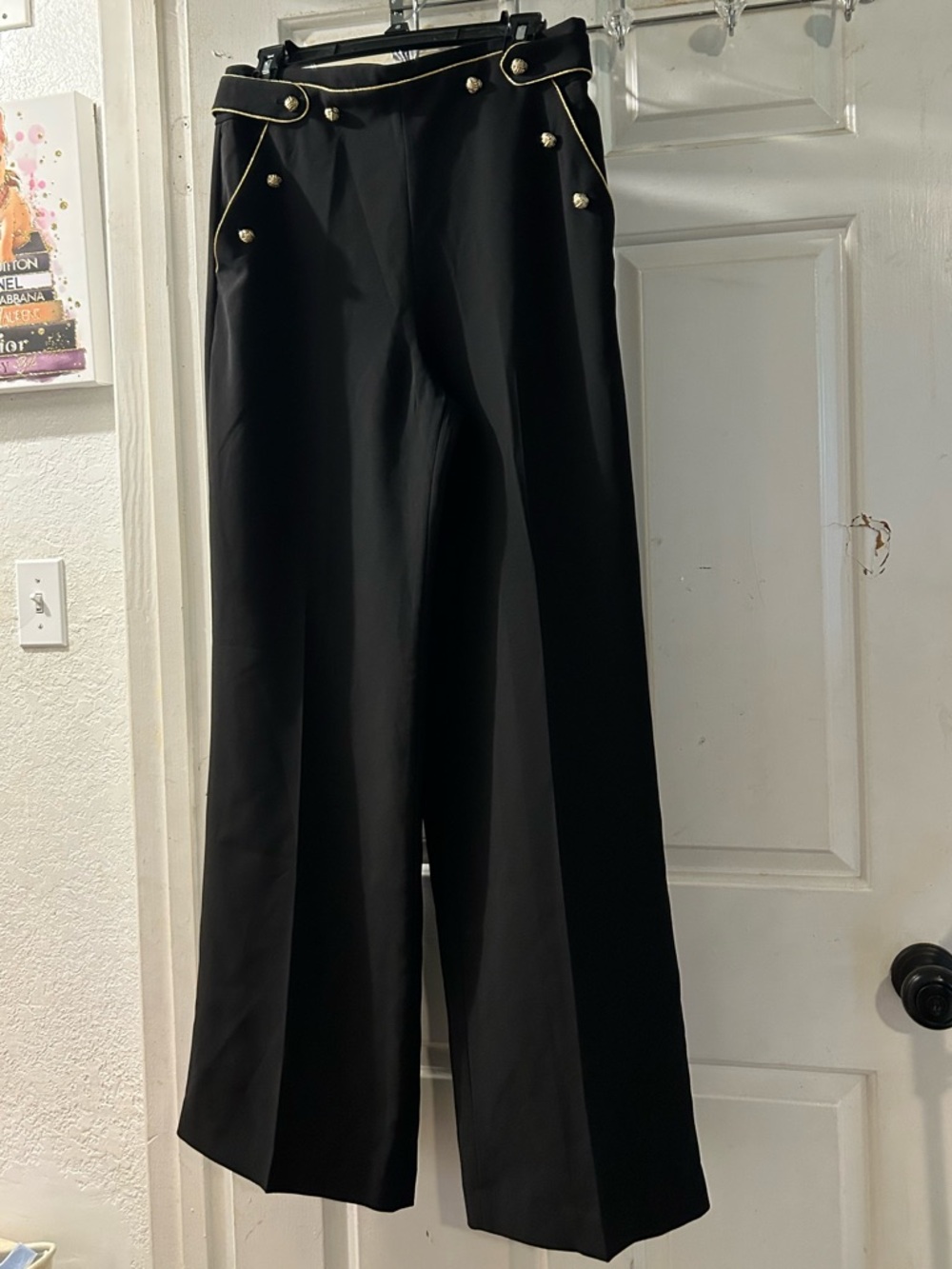 Express Black Wide-Leg Sailor Pants with Gold Buttons